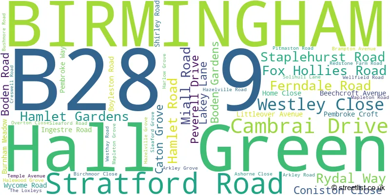 A word cloud for the B28 9 postcode